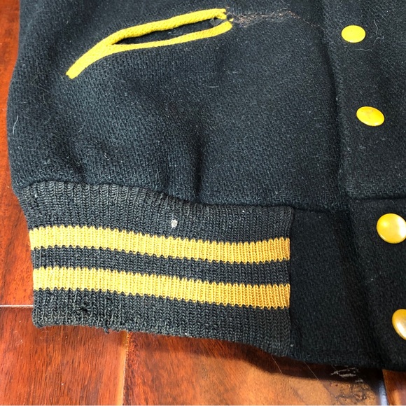 50s Black Gold Wool Letterman Varsity Jacket Distressed Athletic Satin Lining - Picture 9 of 10